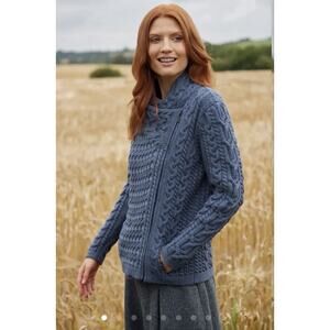 Blarney Woollen Mills Ireland Merino Wool Aran Moto Jacket Zip Sweater Navy Sz M